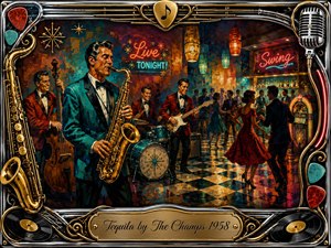 A vibrant 1950s nightclub scene centers on a saxophonist leading an energetic band as couples dance across a reflective checkerboard floor. Rich acrylic textures blend turquoise, crimson, amber, and gold beneath glowing neon lights. An ornate chrome-and-gold musical frame, decorated with instruments, records, and picks, completes the lively composition.