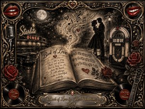 A glowing open book anchors a moonlit 1950s romance, surrounded by a tender couple, vintage diner, jukebox, roses, records, and drifting musical notes. Deep charcoal textures create smoky nostalgia, while crimson accents and ornate gold highlights add warmth. The elaborate musical frame and engraved title plate complete the richly detailed doo-wop composition.