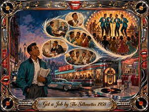 A determined young man stands outside a glowing 1950s diner as feathered dream bubbles sweep upward toward joyful doo-wop performers onstage. Teal, coral, gold, chrome, and twilight blue create a lively nostalgic mood. Rich painterly textures, neon lighting, vintage cars, records, microphones, smiling lips, and an ornate musical frame complete the scene.