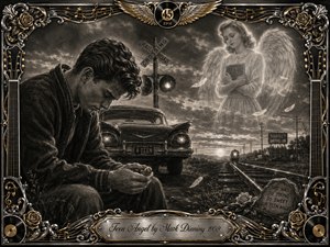 A grieving teenage boy sits beside a vintage car near railroad tracks at dusk, clutching a ring beneath the luminous apparition of a winged girl. Deep charcoal textures, smoky grays, silver highlights, and warm gold accents create a mournful 1950s atmosphere, framed by ornate records, roses, guitar motifs, and engraved metalwork.