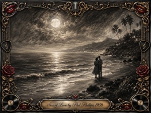 A moonlit shoreline unfolds in richly textured charcoal, where a tender couple stands beside shimmering waves beneath a glowing full moon. Sepia-gray tones create a nostalgic, romantic mood, accented by red roses and lips. An ornate gold-and-black musical frame, vinyl records, microphone, and engraved title plate complete the vintage composition.