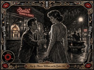 A young man pleads with a departing woman outside a glowing 1960s diner on a rain-slicked night. Deep charcoal textures create a wistful, romantic mood, accented by warm neon reds and gold. An ornate chrome-and-gold musical frame features microphones, records, guitar details, red lips, and an engraved title plate.