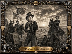 A nervous cavalryman stands on a windswept frontier at dawn, surrounded by mounted soldiers, horses, flags, and distant riders beneath a dramatic clouded sky. Deep charcoal textures, sepia tones, smoky shadows, and fine crosshatching create comic tension. An ornate black-and-gold music-themed frame surrounds the scene, with a centered engraved title plate.