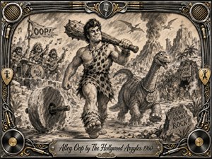 A swaggering caveman strides through a lively prehistoric landscape with a huge club, accompanied by a friendly dinosaur and a primitive rock band. Deep charcoal textures, smoky shading, and warm sepia tones create playful vintage energy. An ornate chrome-and-gold musical frame surrounds the scene, with an engraved title plate below.
