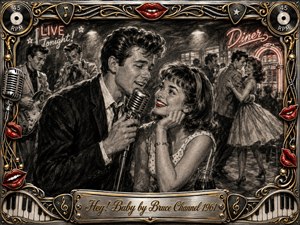 A richly textured charcoal scene captures a flirtatious 1960s diner performance, with a smiling singer leaning toward an admiring young woman as musicians and dancers fill the background. Smoky grayscale shading, glowing red accents, and warm gold details create nostalgic energy, framed by ornate chrome, records, piano keys, microphones, and musical motifs.