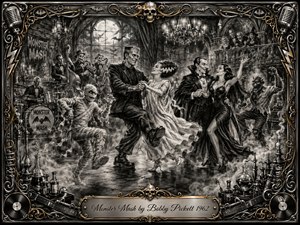 A lively charcoal-style monster dance erupts inside a moonlit Gothic ballroom, where Frankenstein, a mummy, vampires, and a werewolf swing beneath chandeliers and drifting fog. Dramatic grayscale lighting, smoky textures, laboratory glassware, musicians, and ornate chrome-and-gold framing create a playful vintage horror atmosphere, completed by an engraved title plate.