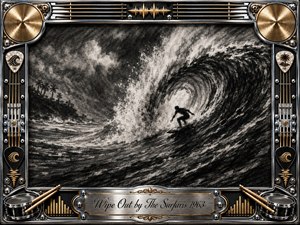 A lone surfer races through the hollow curl of a towering wave, rendered in deep, feathered charcoal with smoky grays, stark whites, and turbulent textures. An ornate chrome-and-gold frame surrounds the stormy scene, incorporating cymbals, strings, drumsticks, sound-wave motifs, and engraved details, creating an energetic vintage surf-rock atmosphere.