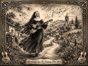 A joyful nun walks a winding country road while singing and playing an acoustic guitar, surrounded by village houses, wildflowers, birds, and a distant church tower. Deep charcoal textures and warm sepia highlights create a nostalgic glow, while flowing musical notes, ornate gold filigree, guitars, stars, and an engraved title plate frame the serene scene.