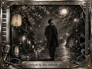 A solitary young man walks a moonlit Japanese hillside street, gazing upward with quiet longing as lanterns glow and petals drift through misty air. Deep feathered charcoal textures create a nostalgic, contemplative mood, contrasted by warm highlights. An ornate chrome-and-gold musical frame surrounds the scene, with piano keys, strings, microphone, and engraved title plate.