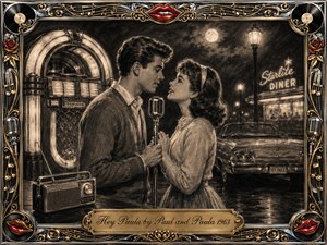 A young couple shares a tender duet beside a vintage microphone outside a glowing 1960s diner, surrounded by a jukebox, transistor radio, classic convertible, moonlight, and streetlamps. Deep feathered charcoal and warm sepia tones create a nostalgic romantic mood, framed by ornate chrome, gold music motifs, roses, records, and red lips.