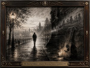 A solitary figure walks along a rain-darkened riverside beneath glowing streetlamps, surrounded by shadowy buildings and ghostlike faces. Rendered in richly textured charcoal and muted sepia tones, the scene feels introspective and haunting. An acoustic guitar, delicate sound-wave lines, and an ornate musical frame deepen the atmosphere of quiet isolation.