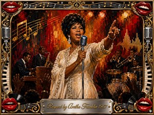 A commanding soul singer stands center stage, singing into a vintage microphone while gesturing confidently toward an energized crowd. Warm red, gold, amber, and black tones glow beneath dramatic spotlights. Expressive acrylic brushwork, brass musicians, piano, raised hands, musical symbols, and an ornate chrome-and-gold frame create a powerful, celebratory 1960s atmosphere.