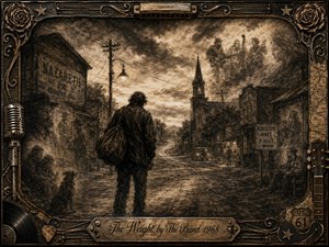 A weary traveler stands on a muddy old-town street beneath a stormy sepia sky, carrying a heavy bag toward distant buildings and a church steeple. Ghostlike figures and musicians emerge from the charcoal haze, creating a reflective, spiritual mood. An ornate music-themed frame surrounds the scene with roses, strings, microphone, harmonica, and engraved title plate.