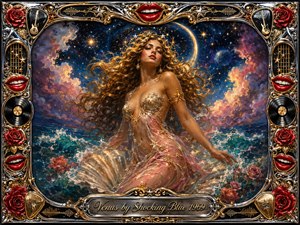 A radiant Venus-like figure rises from foaming turquoise waves beneath a star-filled cosmic sky, her flowing golden hair and shimmering pink-gold drapery creating sensual motion. Rich blues, crimson roses, and warm celestial light heighten the dreamy oil-painted atmosphere. An ornate chrome-and-gold musical frame surrounds the scene, crowned by the engraved title plate.