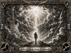 A lone figure approaches a glowing stairway rising through stormy charcoal clouds toward a radiant spirit in the sky. Deep blacks, smoky grays, and brilliant white light create a mystical, hopeful mood. Ghostly guitars, music notes, stars, and lightning surround the scene, framed by ornate chrome, gold, microphones, and vinyl records.