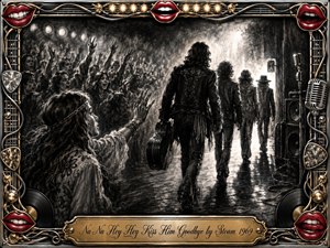 A dramatic charcoal concert farewell shows musicians walking toward a glowing exit while an emotional crowd reaches after them. Deep blacks, smoky grays, and brilliant highlights create nostalgic intensity. An ornate chrome-and-gold frame features red lips, guitar strings, picks, microphones, vinyl records, and lights, surrounding an elegant engraved title plate.
