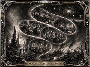 A haunting charcoal vision unfolds along a glowing S-curve timeline, moving from towering futuristic cities and technology-bound crowds through artificial reproduction, robotic living, environmental ruin, and cosmic isolation. Deep blacks, smoky grays, and metallic gold highlights create dramatic contrast, while an ornate chrome-and-gold musical frame reinforces the prophetic, dystopian atmosphere.