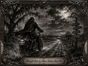 A lone motorcyclist rides a winding moonlit road through a haunting Southern landscape of moss-draped trees, fences, and distant lights. Deep feathered charcoal textures create a dark, restless mood, while silver-gray highlights illuminate the road and motorcycle. An ornate black, chrome, and gold musical frame surrounds the cinematic scene.