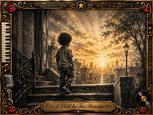 A young child stands on worn city steps, gazing toward a radiant sunrise over distant buildings, creating a mood of resilience and hope. Deep feathered charcoal textures blend with warm amber light, while an ornate black-and-gold musical frame features piano keys, microphone, vinyl record, red lips, stars, and elegant scrollwork.