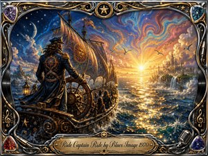 A visionary sea captain guides an ornate sailing ship toward a radiant golden horizon and distant fantasy city. Deep blue waves shimmer beneath psychedelic clouds of coral, turquoise, and violet, creating an adventurous, hopeful mood. Rich digital-painting detail, dramatic sunrise lighting, celestial motifs, and a chrome-and-gold musical frame complete the composition.