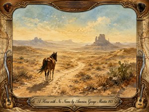 A lone brown horse crosses a vast golden desert toward distant mesas beneath a pale blue, softly clouded sky. Warm afternoon light casts long shadows across winding sandy trails, cactus, rocks, and dry brush. Painterly watercolor and gouache textures create a reflective, dreamlike mood, framed by ornate guitar, map, chrome, and gold details.