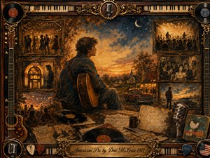 A lone guitarist sits amid fading Americana memories, framed by vintage dance halls, jukeboxes, concerts, cars, handwritten pages, and vinyl records. Warm amber, sepia, and midnight-blue tones glow beneath nostalgic evening light. Painterly textures, ornate musical borders, antique microphones, guitars, and a brass title plate create a wistful, cinematic tribute to vanished youth.