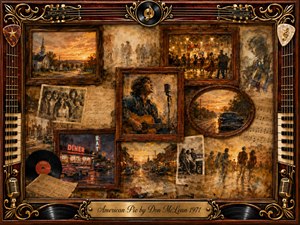 A nostalgic Americana collage unfolds in warm sepia, amber, and burnished gold, centered on a folk singer with acoustic guitar and vintage microphone. Rosewood frames hold fading scenes of diners, country roads, dancing crowds, old cars, records, and photographs, creating a wistful, memory-soaked atmosphere with painterly, softly glowing detail.