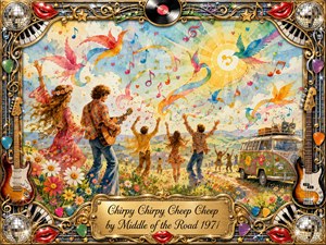 A joyful 1970s watercolor scene shows carefree dancers and a guitarist celebrating in a flower-filled meadow beneath a radiant sun, swirling musical notes, ribbons, and colorful birds. Bright blues, yellows, pinks, and greens create an airy, festive mood, framed by ornate gold, chrome, guitars, piano keys, vinyl, and sparkling disco-ball details.