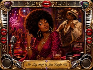 A confident woman in a rich magenta dress commands a lively 1970s soul club, while a flashy, self-important man poses behind her. Warm gold, crimson, purple, and neon lighting create a playful, empowered mood. Ornate chrome and gold framing features red lips, records, microphones, piano keys, speakers, and an engraved title plate.