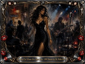 A mysterious woman in a flowing black dress commands a smoky nightclub, framed by shadowy musicians, glowing tables, and a vintage microphone. Deep blacks, burnished gold, crimson accents, and cool blue spotlights create a seductive noir atmosphere. Expressive oil-paint textures, chrome ornamentation, records, guitar strings, and bright red lips enrich the dramatic frame.