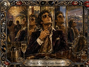 A glamorous 1970s man in dark velvet and aviator sunglasses admires himself among mirrored reflections in an opulent lounge, while a distant woman watches quietly. Rich gold, black, burgundy, and amber tones glow beneath chandeliers. Painterly textures, champagne, perfume, records, red lips, and ornate chrome details heighten the decadent, self-absorbed mood.