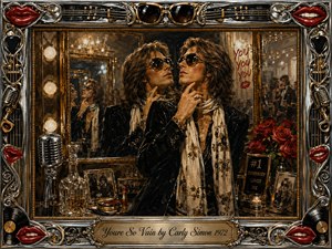 A glamorous 1970s figure in dark sunglasses admires his reflection amid mirrors, roses, photographs, and vintage music gear. Warm amber lighting, deep reds, black velvet, chrome, and antique gold create a decadent, ironic mood. Painterly textures and repeated reflections emphasize vanity, while the ornate musical frame adds theatrical sophistication.