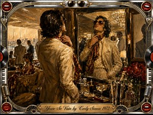 A stylish man in a cream suit admires himself in a grand mirror inside an elegant 1970s lounge, projecting confidence and vanity. Warm gold, brown, black, and deep red tones glow under soft chandelier light. Expressive oil-paint textures enrich the scene, while roses, champagne, sunglasses, records, microphones, piano keys, and red lips ornament the elaborate frame.
