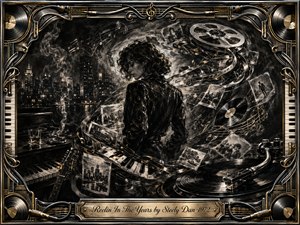 A solitary figure stands amid a swirling vortex of memories, vinyl records, reel-to-reel tape, photographs, piano keys, and musical notes against a smoky nighttime city. Deep feathered charcoal textures, black and silver tones, and restrained gold highlights create a nostalgic, bittersweet mood, enclosed by an ornate chrome-and-gold music-themed frame.