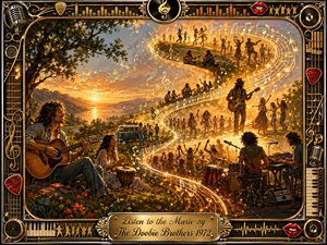 A warm, painterly sunset festival unfolds beneath a spreading tree, where guitarists, drummers, dancers, and cheering crowds follow a glowing S-shaped river of musical notes through the landscape. Golden light, amber skies, earthy colors, and sparkling sound trails create a joyful 1970s atmosphere, enclosed by an ornate music-themed frame and engraved title plate.