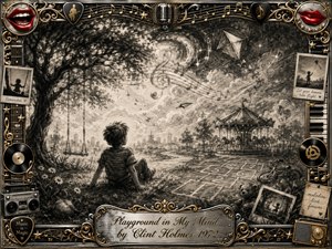 A nostalgic charcoal dreamscape shows a child seated beneath a sprawling tree, gazing toward swings, a carousel, hopscotch, kites, and floating musical notes. Soft monochrome shading creates a wistful, imaginative mood, while an ornate chrome-and-gold music-themed frame, red lips, records, radios, and a scripted title plate add playful vintage detail.