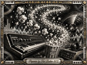 A whimsical charcoal scene transforms popcorn into musical energy, swirling in a dramatic S-curve above a vintage electronic keyboard and studio equipment. Deep blacks, smoky grays, bright highlights, and subtle gold accents create a lively 1970s atmosphere. An ornate chrome-and-gold musical frame surrounds the composition, finished with an engraved title plate.