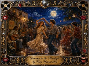 A joyful 1970s outdoor dance celebration unfolds beneath a brilliant full moon, with smiling couples, live musicians, lanterns, and distant town lights. Rich blues, warm golds, and amber reflections create a romantic glow. Painterly oil textures enhance the nostalgic mood, while an ornate music-themed frame surrounds the lively scene.
