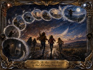 A dramatic oil-painted escape unfolds beneath a stormy blue-and-gold sky, with figures running toward glowing freedom as feathered memory bubbles curve overhead in an S-shaped journey. Ornate guitar strings, wings, chrome, and gold frame the scene. Warm sunset light, deep shadows, and textured brushwork create adventure, urgency, and liberation.
