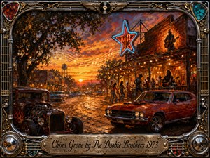 A fiery Texas sunset frames a dusty small-town street alive with classic cars, dancers, and guitar-driven energy outside a glowing roadhouse. Rich oranges, reds, turquoise neon, and chrome highlights create a nostalgic 1970s atmosphere. Painterly textures, musical notes, ornate metallic framing, and the engraved title plate reinforce its spirited Southern-rock character.