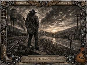 A lone, guitar-carrying traveler stands beside railroad tracks and an empty Southern highway at sunset, facing a distant train and rugged hills. Deep feathered charcoal textures, smoky sepia tones, dramatic clouds, and glowing horizon light create a mood of heartbreak and restless freedom. An ornate music-themed metallic frame completes the vintage Southern rock composition.