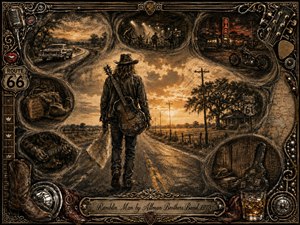 A lone guitarist walks a quiet Southern highway toward a glowing sunset, surrounded by drifting charcoal vignettes of cars, live music, a roadside bar, motorcycles, and travel gear. Warm sepia, bronze, and amber tones create a nostalgic, restless mood, while an ornate music-and-road themed frame reinforces the rugged vintage atmosphere.