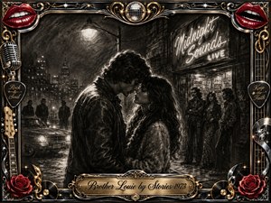A tender couple stands close beneath a glowing city streetlamp outside a vintage music club, surrounded by shadowy onlookers and wet pavement. Deep feathered charcoal creates a dramatic, bittersweet 1970s mood, while chrome, gold, red lips, roses, guitars, records, and musical ornaments form an elaborate frame around the intimate scene.