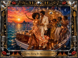 A glamorous 1970s couple dances aboard a lively yacht at sunset, surrounded by smiling partygoers, shimmering water, and warm disco lights. Rich oranges, golds, blues, and indigos create a joyful, romantic atmosphere. Painterly acrylic textures, mirrored accents, musical ornaments, vinyl motifs, microphones, and an ornate chrome-and-gold frame complete the scene.