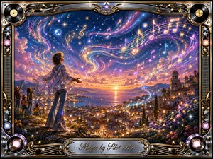 A dreamy 1970s-inspired digital painting shows a young figure overlooking a glowing coastal town as luminous musical notes, stars, and rainbow ribbons swirl across a twilight sky. Warm gold, violet, blue, and pink lighting create an uplifting magical mood, framed by ornate chrome, gold accents, records, strings, and stage lights.
