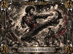 A dynamic charcoal martial artist launches a powerful flying kick across a smoky 1970s disco stage, surrounded by shadowy dancers, cheering silhouettes, spotlights, and checkerboard flooring. Deep blacks, silvery highlights, vivid red accents, and gold details create energetic drama, while an ornate chrome music-themed frame and engraved title plate complete the vintage poster style.