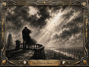 A windswept couple embraces on a high stone balcony above a sprawling city, surrounded by dramatic charcoal clouds and radiant shafts of light. Deep blacks, smoky grays, and warm metallic gold create a romantic, bittersweet mood. An ornate music-themed frame features strings, stars, chrome details, and an engraved title plate.