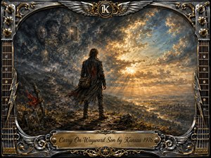 A solitary traveler stands on a rugged ridge beneath a dramatic sky, facing a radiant sunrise beyond dark storm clouds. Painted in richly textured oils, the scene shifts from charcoal blues and smoky grays to glowing gold. Faded faces haunt the clouds, while an ornate chrome-and-gold guitar-inspired frame reinforces the epic, reflective mood.