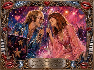 A joyful glam-rock duet unfolds beneath a shimmering disco ball, with two singers leaning toward each other over microphones in a vibrant nightclub. Rich pinks, blues, golds, and reds glow under theatrical lighting. Expressive oil-painted textures, confetti, hearts, keyboards, guitars, microphones, and ornate gold framing create a playful, romantic 1970s atmosphere.