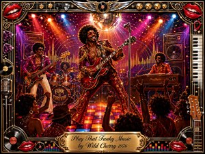 A dazzling 1970s funk band electrifies a glowing disco stage as a flamboyant guitarist commands the center, surrounded by musicians and cheering dancers. Saturated reds, golds, purples, and blues shimmer beneath spotlights and a mirror ball. Ornate chrome-and-gold musical framing, vinyl records, keyboards, lips, and engraved titlework complete the exuberant digital painting.